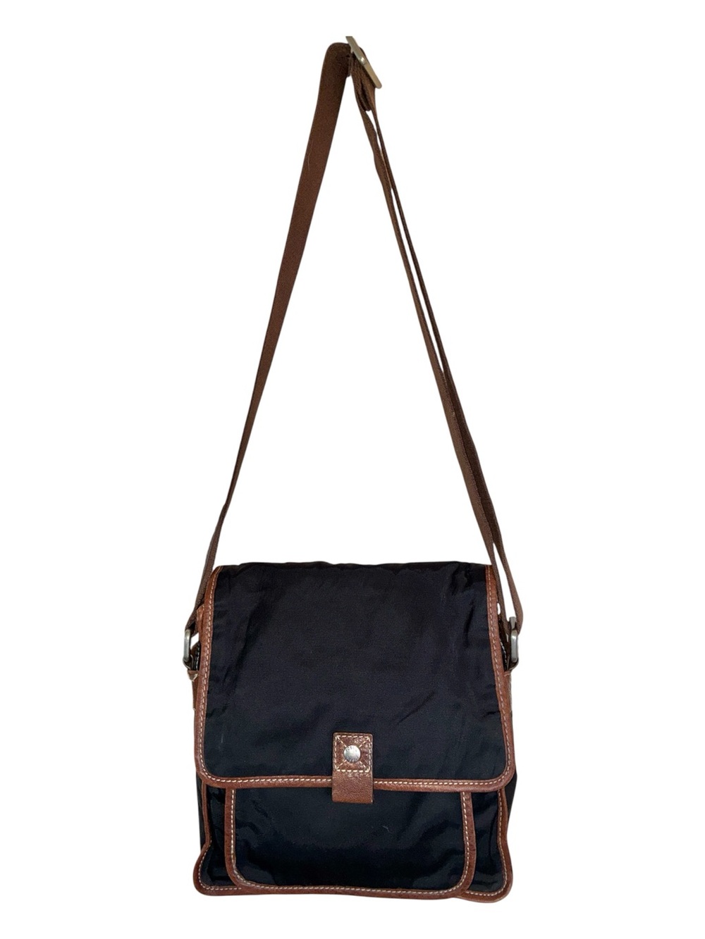 Fossil Black Nylon Messenger Bag with Brown Leather Trim euc
